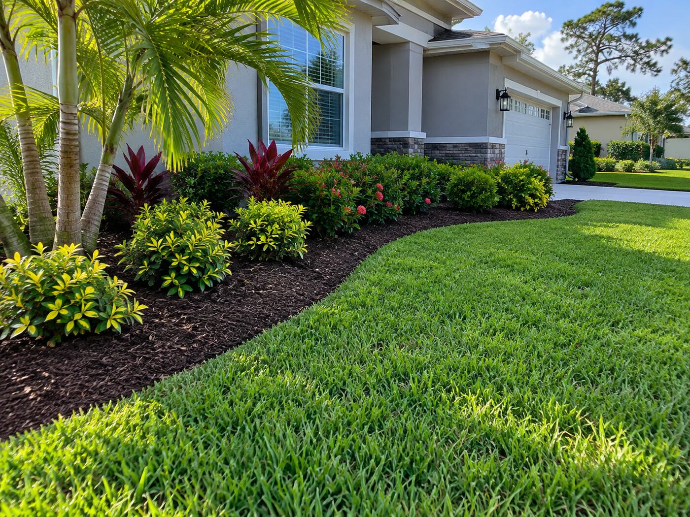 Thick green lawn edged clean against a curved mulch bed with palms and tropical shrubs