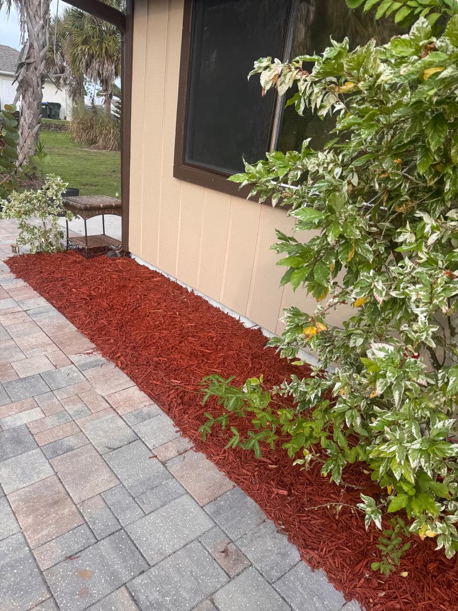 Red mulch bed along a paver patio